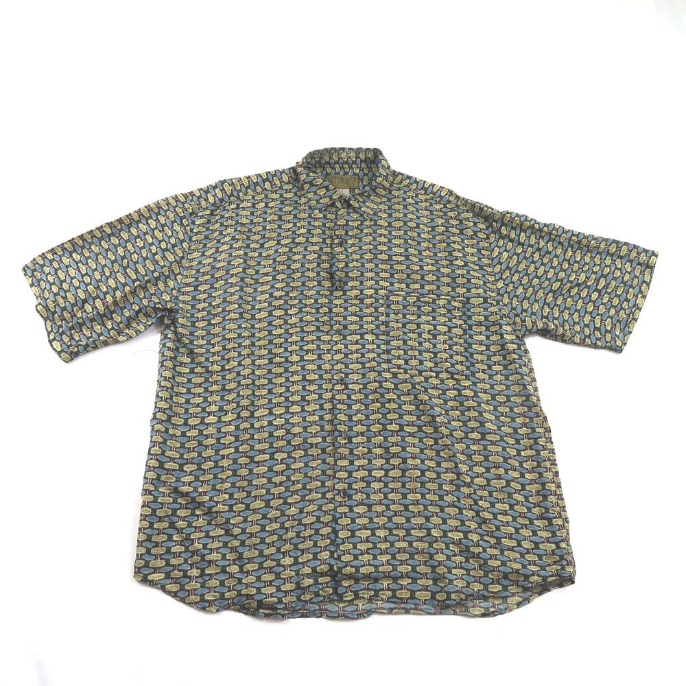 Utopia Silk Casual Shirt Button-Up Blues Beige Burgundy Sz L 1980s